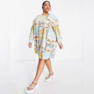 Native Youth Small Oversized long sleeve mini smock dress in vintage print
